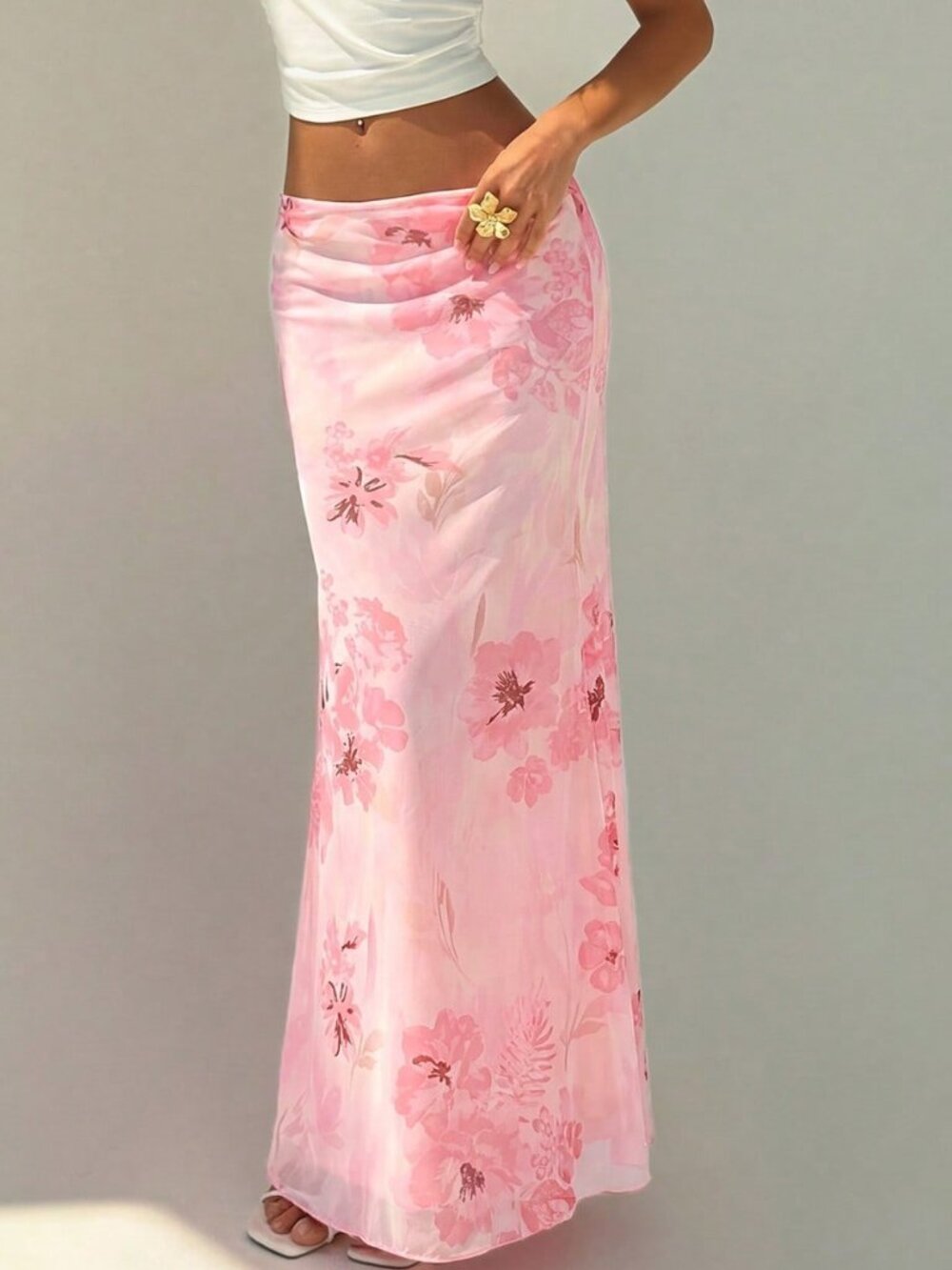 Baby Pink Boho Women's Floral Print Low Waist Fishtail Hem Skirt - Picture 5 of 7